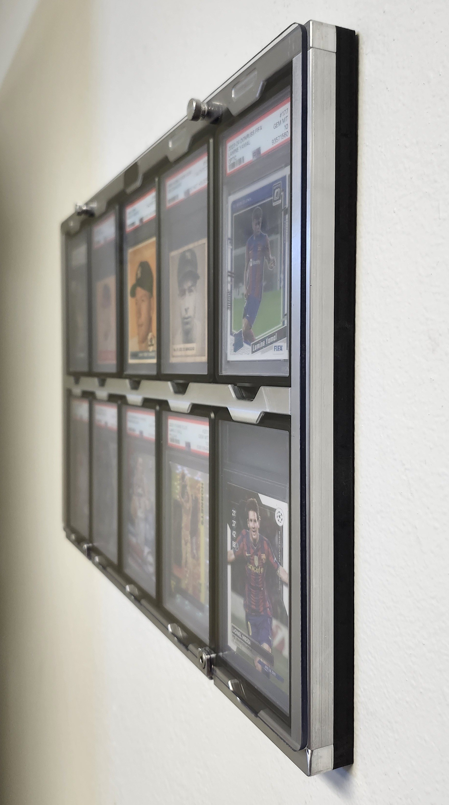 Base aluminum Protected Display side angle view showing UV polycarbonate window and graded cards