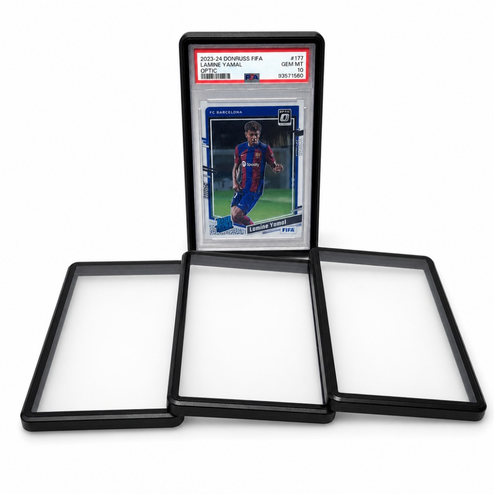 Collectors Front black aluminum slab guards with PSA graded Lamine Yamal card